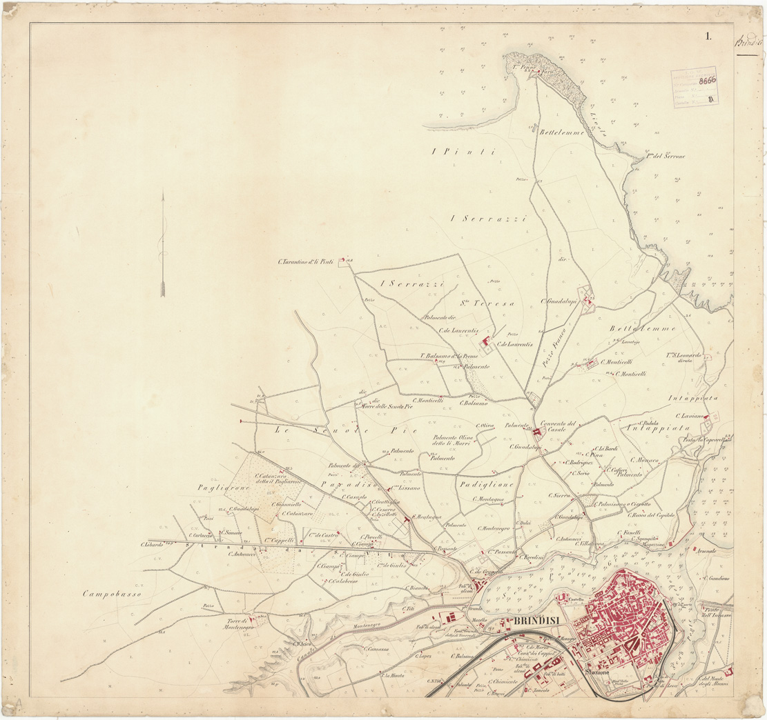 (N:451) PIANTA TOPOGRAFICA DI BRINDISI E DINTORNI LEVATA ALLA SCALA DI 1:10.000 NELL'ANNO 1863 - TAVOLA 1. (CA009557) Carte e stampe antiche: riproduzione a colori su carta (formato A1)