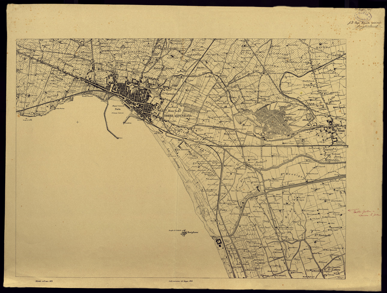 (N:13922) CARTA TOPOGRAFICA DEL MONTE VESUVIO RILEVATA E DISEGNATA DAGLI ALLIEVI DELL'IST. TOPOGRAFICO MILITARE NEGLI ANNI 1875-76 ALLA SCALA DI 1:10.000. LA DATA RIPORTATA E' 1905  - TORRE ANNUNZIATA. (CA009559) Carte e stampe antiche: riproduzione a colori su carta (formato A1)