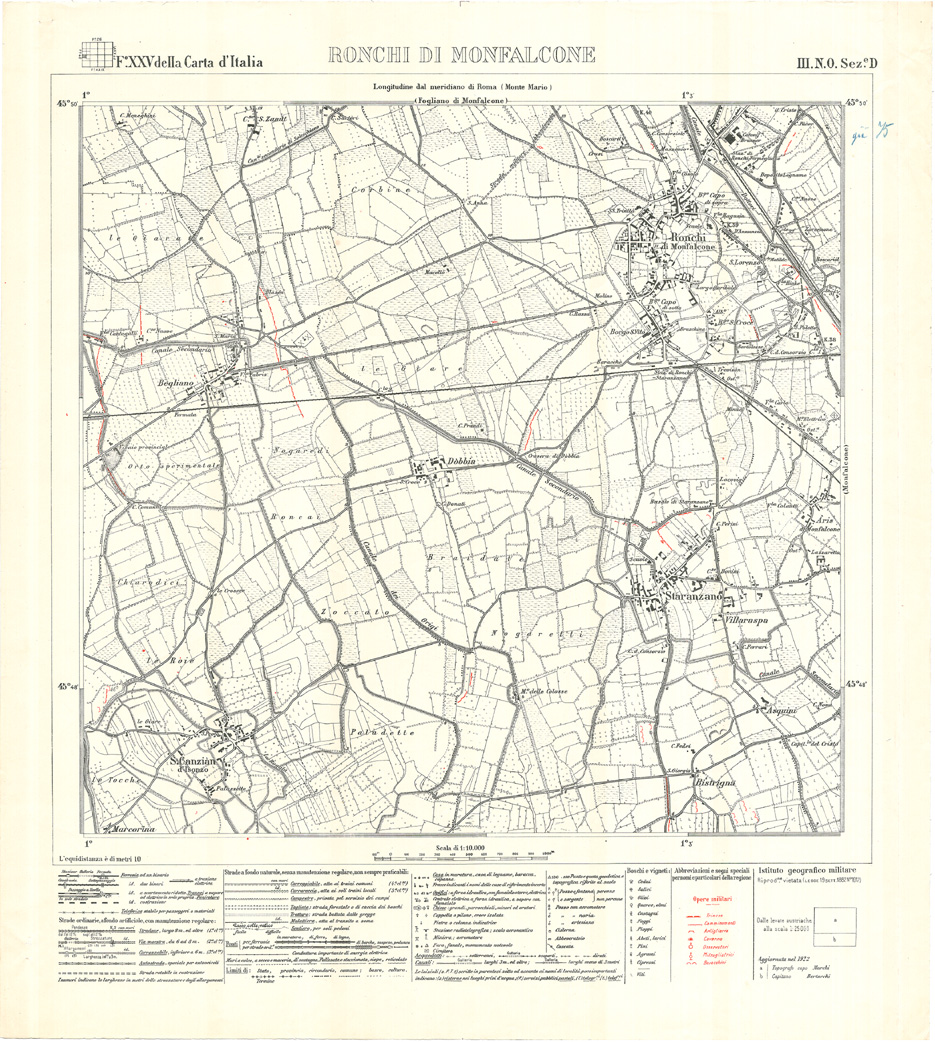 (N:26362) MONFALCONE E GRADISCA - FOGLIO XXV III N.O. SEZIONE D. RONCHI DI MONFALCONE - Edizione con opere militari in rosso (CA009564) Carte e stampe antiche: riproduzione a colori su carta (formato A1)