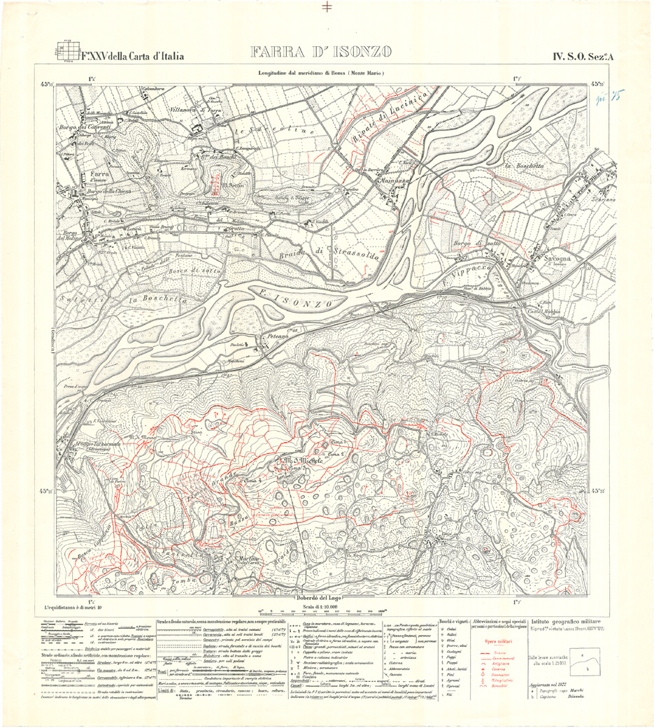 (N:26363) MONFALCONE E GRADISCA - FOGLIO XXV IV S.O. SEZIONE A. FARRA D' ISONZO - Edizione con opere militari in rosso (CA009565) Carte e stampe antiche: riproduzione a colori su carta (formato A1)