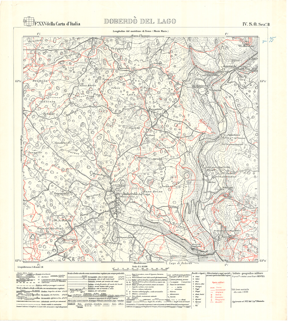 (N:26364) MONFALCONE E GRADISCA - FOGLIO XXV IV S.O. SEZIONE B. DOBERDO' DEL LAGO - Edizione con opere militari in rosso (CA009566) Carte e stampe antiche: riproduzione a colori su carta (formato A1)