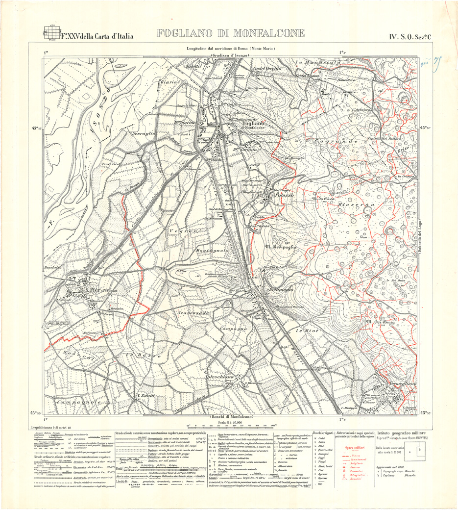 (N:26365) MONFALCONE E GRADISCA - FOGLIO XXV IV S.O. SEZIONE C. FOGLIANO DI MONFALCONE - Edizione con opere militari in rosso (CA009567) Carte e stampe antiche: riproduzione a colori su carta (formato A1)
