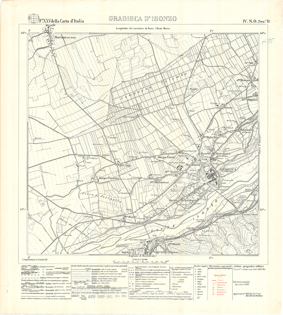 (N:26366) MONFALCONE E GRADISCA - FOGLIO XXV IV S.O. SEZIONE D. GRADISCA D' ISONZO - Edizione con opere militari in rosso (CA009568) Carte e stampe antiche: riproduzione a colori su carta (formato A1)