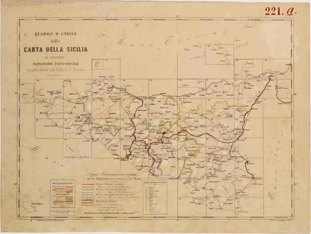 (N:27654) CARTA DELLA SICILIA - QUADRO D'UNIONE. (SE001462) Carte e stampe antiche: riproduzione a colori su carta (formato A2)