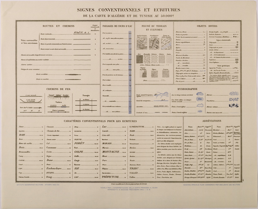 (N:28874) SEGNI CONVENZIONALI E SCRITTURA TUNISIA E ALGERIA (TAVOLA PER L'INTERPRETAZIONE DELLA CARTA FRANCESE AL 50.000) (SE002688) Carte e stampe antiche: riproduzione a colori su carta (formato A2)