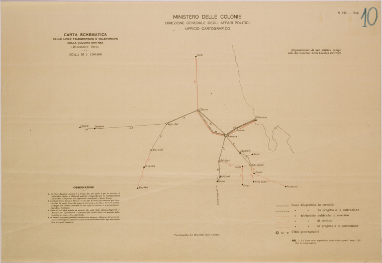 (N:29937) CARTA SCHEMATICA DELLE LINEE TELEGRAFICHE E TELEFONICHE DELLA COLONIA ERITREA (SE003804) Carte e stampe antiche: riproduzione a colori su carta (formato A2)