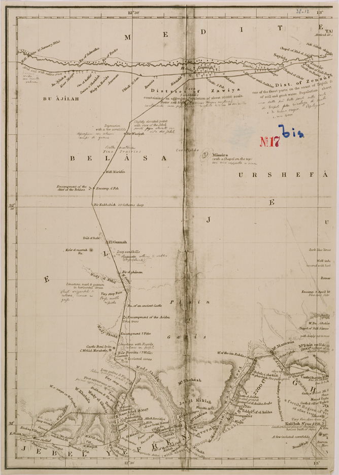 (N:30299) MAP OF THE ROUTE THROUGH THE YEFREN, GURIAN, TARHO'NA E MESELLATA  M.TS. - FOGLIO 1. (SE004313) Carte e stampe antiche: riproduzione a colori su carta (formato A2)