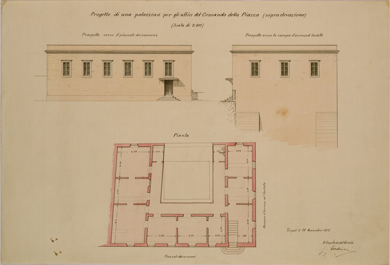 (N:31237) PROGETTO DI UNA PALAZZINA PER GLI UFFICI DEL COMANDO DELLA PIAZZA (SE005137) Carte e stampe antiche: riproduzione a colori su carta (formato A2)