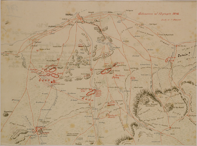 (N:31107) NUCLEI DI RIBELLI IN TRIPOLITANIA. (SE005185) Carte e stampe antiche: riproduzione a colori su carta (formato A2)