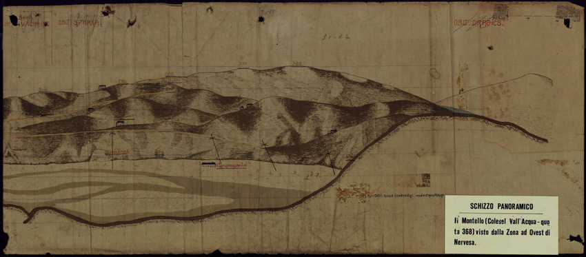 (N:34855) SCHIZZO PANORAMICO IL MONTELLO VISTO DALLA ZONA OVEST DI NERVESA (SE008568) Carte e stampe antiche: riproduzione a colori su carta (formato A2)