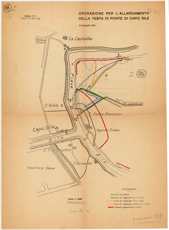 (N:34982) OPERAZIONE PER L'ALLARGAMENTO DELLA TESTA DI PONTE DI CAPO SILE (SE008673, SE008674) Carte e stampe antiche: riproduzione a colori su carta (formato A2)