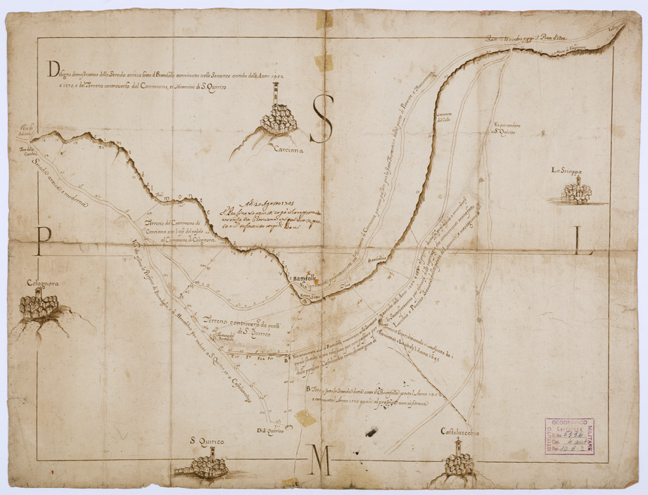 (N:9621) DISEGNO DELLA STRADA ANTICA SOTTO IL BATTIFOLLE NOMINATA NELLE SENTENZE ANTICHE DEGLI ANNI 1452 e 1570, E DEL TERRENO CONTROVERSO DAL COMUNE E UOMINI DI S. QUIRICO. (B0000144) Carte e stampe antiche: riproduzione a colori su carta (formato A2)