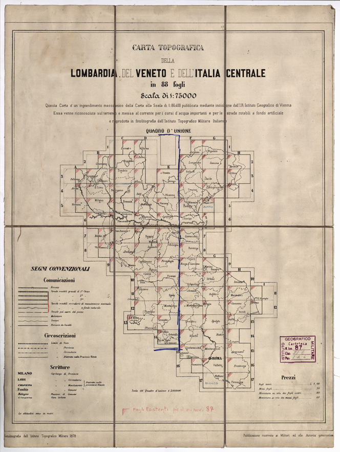 (N:7690) CARTA TOPOGRAFICA DELLA LOMBARDIA, DEL VENETO E DELL'ITALIA CENTRALE - Quadro d'Unione (B0000259) Carte e stampe antiche: riproduzione a colori su carta (formato A2)