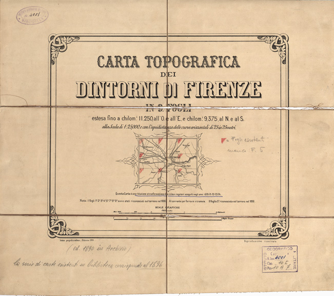 (N:1536) CARTA TOPOGRAFICA DEI DINTORNI DI FIRENZE IN 9 FOGLI - Quadro d'unione (B0000687) Carte e stampe antiche: riproduzione a colori su carta (formato A2)