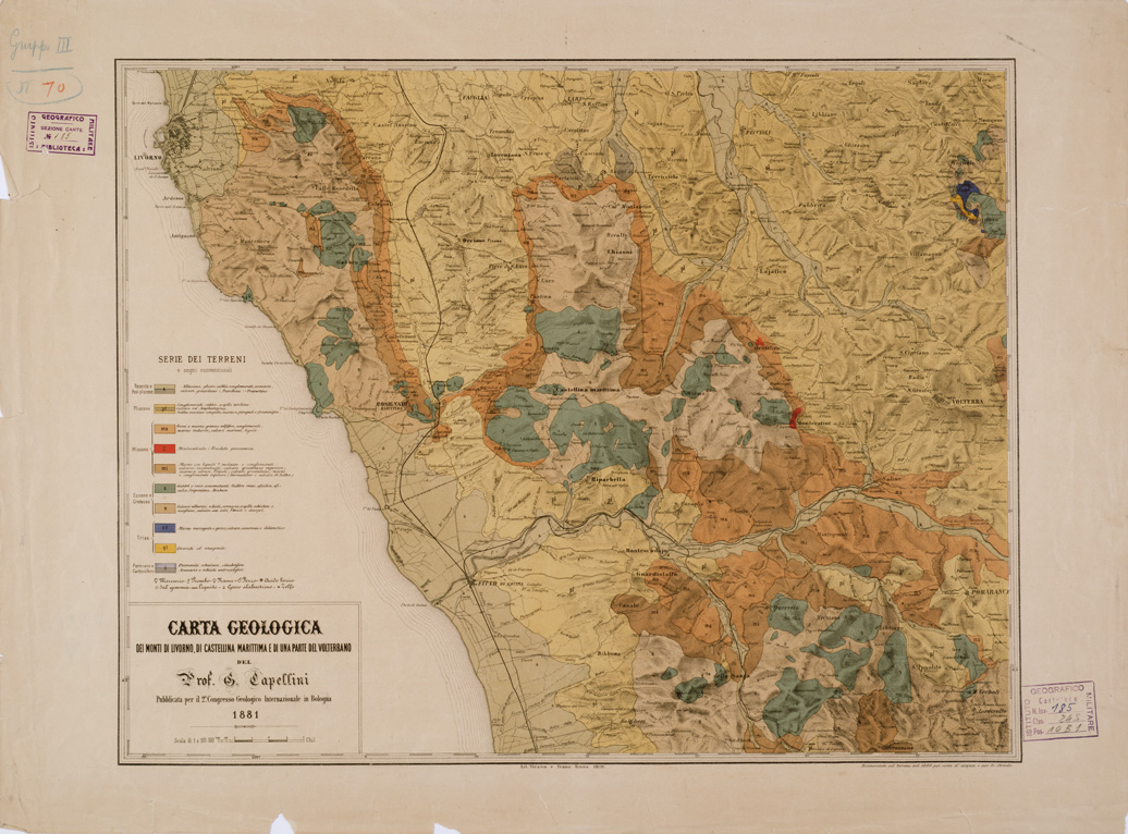 (N:5049) CARTA GEOLOGICA DEI MONTI DI LIVORNO DI CASTELLINA MARITTIMA E DI UNA PARTE DEL VOLTERRANO. (B0000769) Carte e stampe antiche: riproduzione a colori su carta (formato A2)