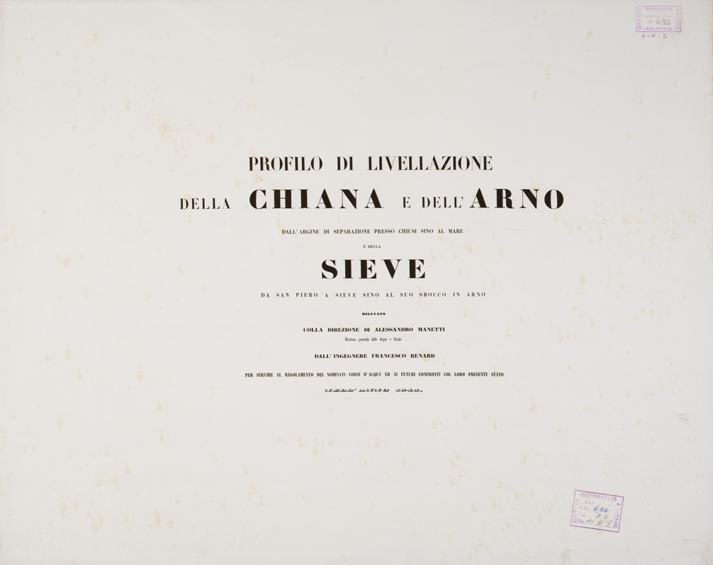 (N:14215) PROFILO DI LIVELLAZIONE DELLA CHIANA E DELL'ARNO DALL'ARGINE DI SEPARAZIONE PRESSO CHIUSI SINO AL MARE E DELLA SIEVE DA S. PIERO A SIEVE SINO AL SUO SBOCCO IN ARNO - FOGLIO 1 - Frontespizio (B0000913) Carte e stampe antiche: riproduzione a colori su carta (formato A2)