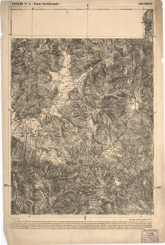 (N:2318) CARTA DELL' ITALIA MERIDIONALE EDITA DALL'ISTITUTO TOPOGRAFICO MILITARE ITALIANO - Foglio 5 parte occidentale - Amatrice (B0000940) Carte e stampe antiche: riproduzione a colori su carta (formato A2)