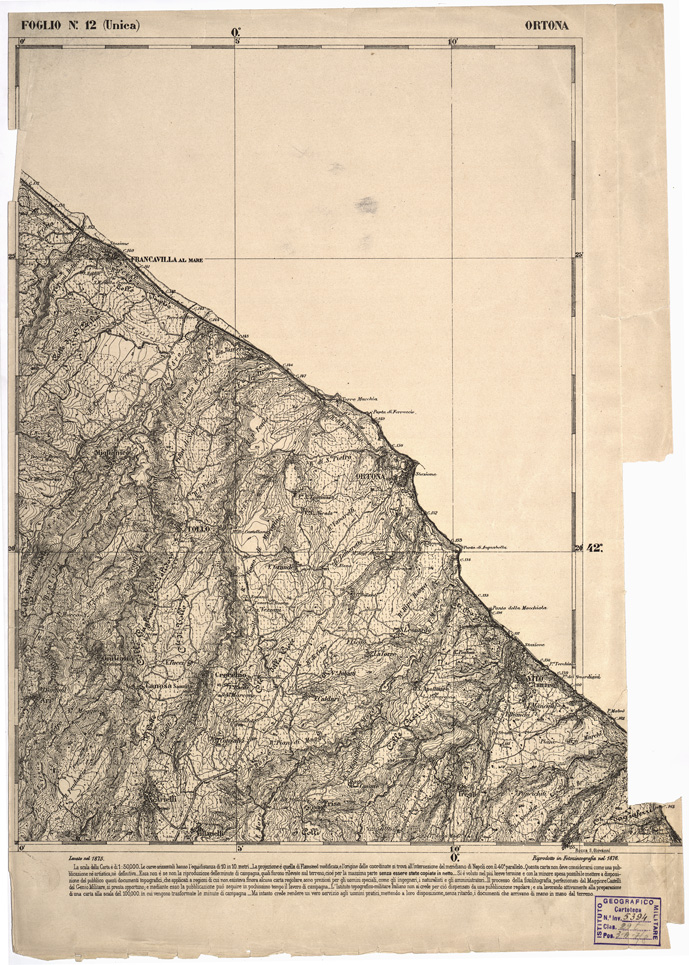 (N:2175) CARTA DELL' ITALIA MERIDIONALE EDITA DALL'ISTITUTO TOPOGRAFICO MILITARE ITALIANO - Foglio 12 - Ortona (B0000953) Carte e stampe antiche: riproduzione a colori su carta (formato A2)