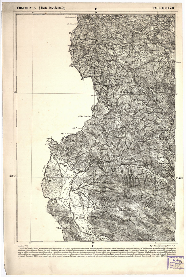 (N:2195) CARTA DELL' ITALIA MERIDIONALE EDITA DALL'ISTITUTO TOPOGRAFICO MILITARE ITALIANO - Foglio 13 parte occidentale - Tagliacozzo (B0000954) Carte e stampe antiche: riproduzione a colori su carta (formato A2)