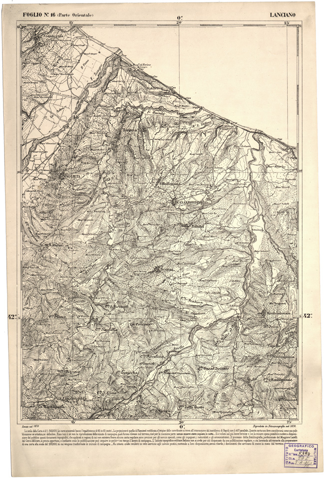 (N:2255) CARTA DELL' ITALIA MERIDIONALE EDITA DALL'ISTITUTO TOPOGRAFICO MILITARE ITALIANO - Foglio 16 parte orientale - Lanciano (B0000961) Carte e stampe antiche: riproduzione a colori su carta (formato A2)