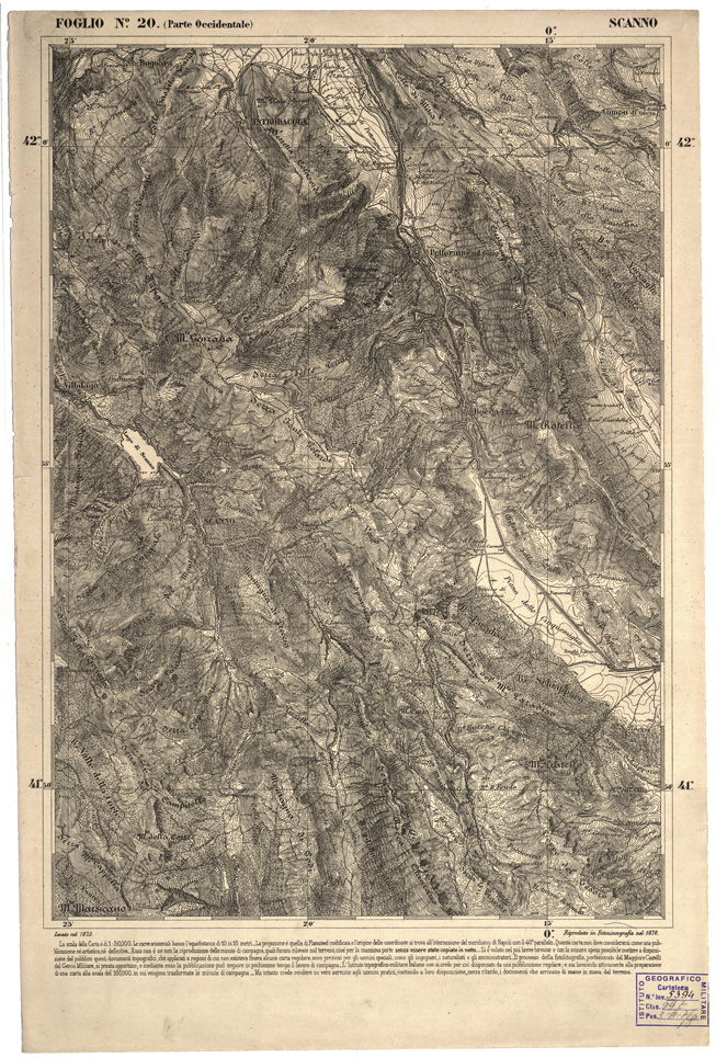 (N:2279) CARTA DELL' ITALIA MERIDIONALE EDITA DALL'ISTITUTO TOPOGRAFICO MILITARE ITALIANO - Foglio 20 parte occidentale - Scanno (B0000967) Carte e stampe antiche: riproduzione a colori su carta (formato A2)