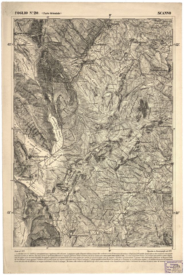 (N:2280) CARTA DELL' ITALIA MERIDIONALE EDITA DALL'ISTITUTO TOPOGRAFICO MILITARE ITALIANO - Foglio 20 parte orientale - Scanno (B0000968) Carte e stampe antiche: riproduzione a colori su carta (formato A2)