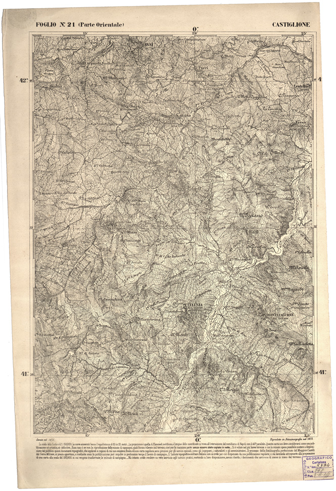 (N:2282) CARTA DELL' ITALIA MERIDIONALE EDITA DALL'ISTITUTO TOPOGRAFICO MILITARE ITALIANO - Foglio 21 parte orientale - Castiglione (B0000970) Carte e stampe antiche: riproduzione a colori su carta (formato A2)