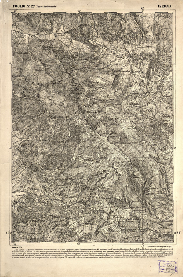 (N:2293) CARTA DELL' ITALIA MERIDIONALE EDITA DALL'ISTITUTO TOPOGRAFICO MILITARE ITALIANO - Foglio 27 parte occidentale - Isernia (B0000981) Carte e stampe antiche: riproduzione a colori su carta (formato A2)