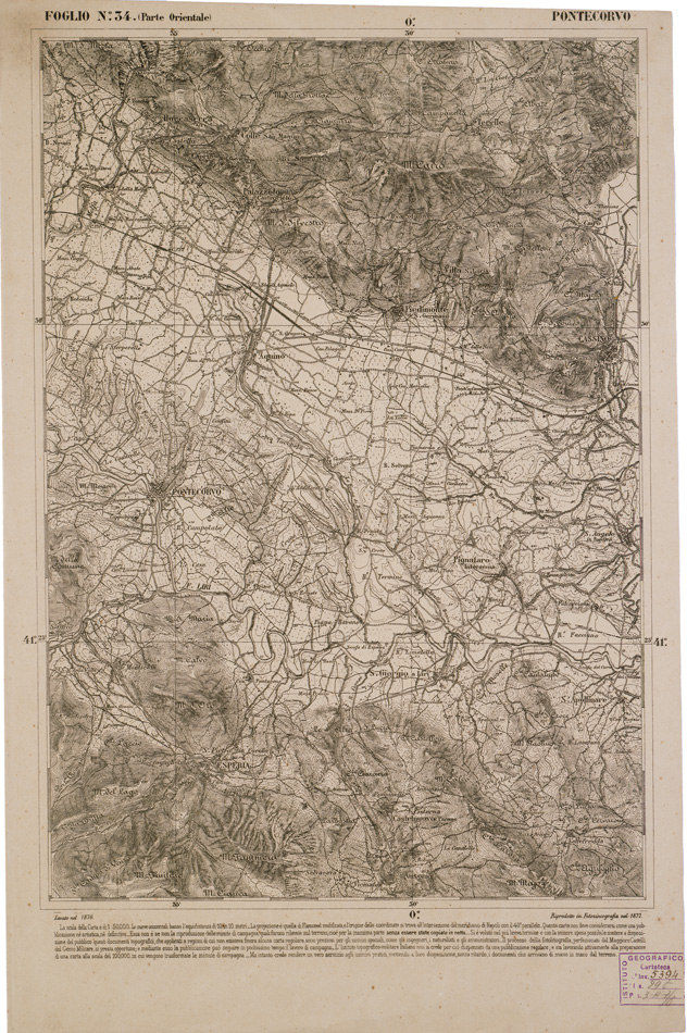 (N:2307) CARTA DELL' ITALIA MERIDIONALE EDITA DALL'ISTITUTO TOPOGRAFICO MILITARE ITALIANO - Foglio 34 parte orientale - Pontecorvo (B0000994) Carte e stampe antiche: riproduzione a colori su carta (formato A2)