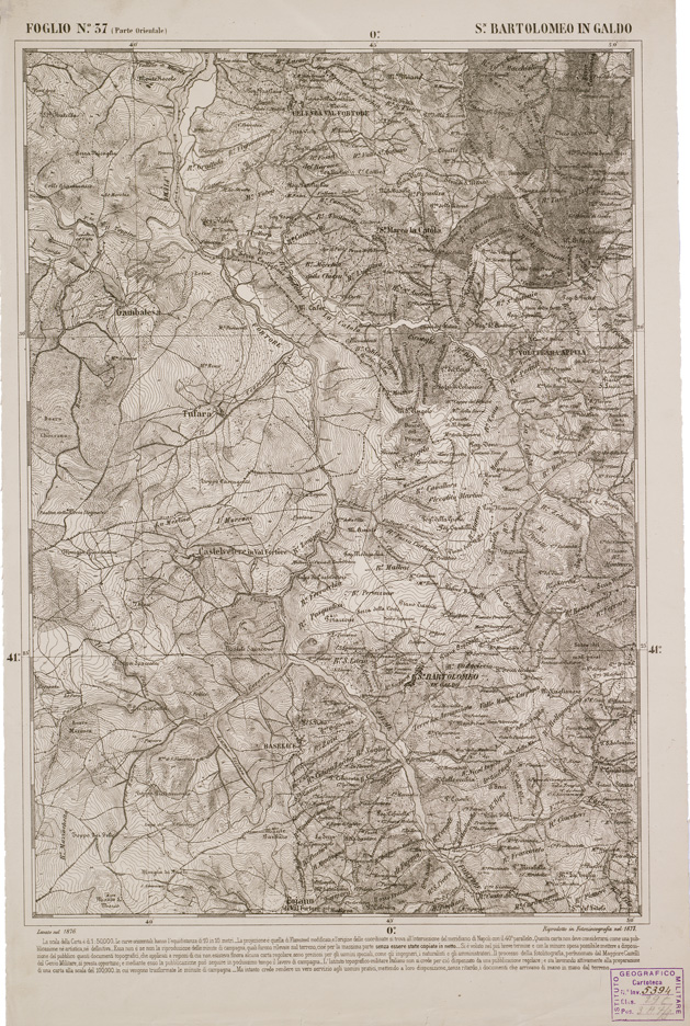(N:2313) CARTA DELL' ITALIA MERIDIONALE EDITA DALL'ISTITUTO TOPOGRAFICO MILITARE ITALIANO - Foglio 37 parte orientale - S.n Bartolomeo in Galdo (B0001000) Carte e stampe antiche: riproduzione a colori su carta (formato A2)