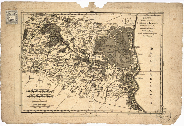 (N:8568) CARTE DU PAIS SITUE ENTRE BOLOGNE ET FERRARE TIREE DE LA COROGRAFIE DU DUCHE DE FERRARE PAR BARUFALDI ET DES ENVIRONS DE BOLOGNE PAR CHIESA (s. d.). - Bologna, Ferrara (B0002258) Carte e stampe antiche: riproduzione a colori su carta (formato A2)