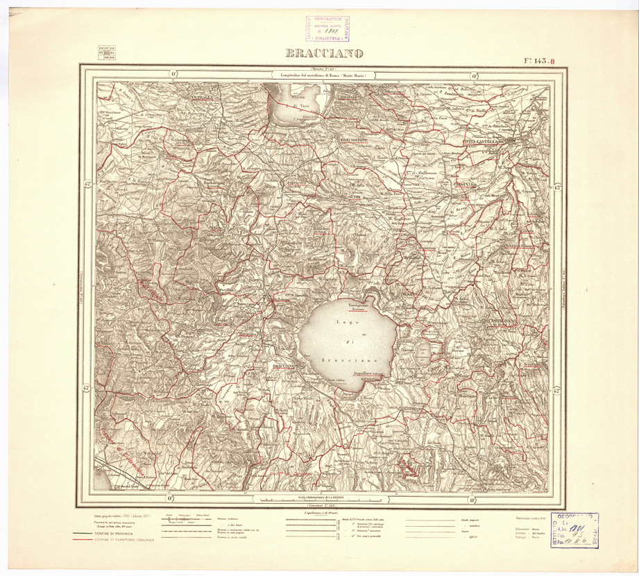 (N:3521) CARTA DELLA PROVINCIA DI ROMA COI CONFINI DEI TERRITORI COMUNALI - Bracciano - Foglio 143.8 (B0002427) Carte e stampe antiche: riproduzione a colori su carta (formato A2)