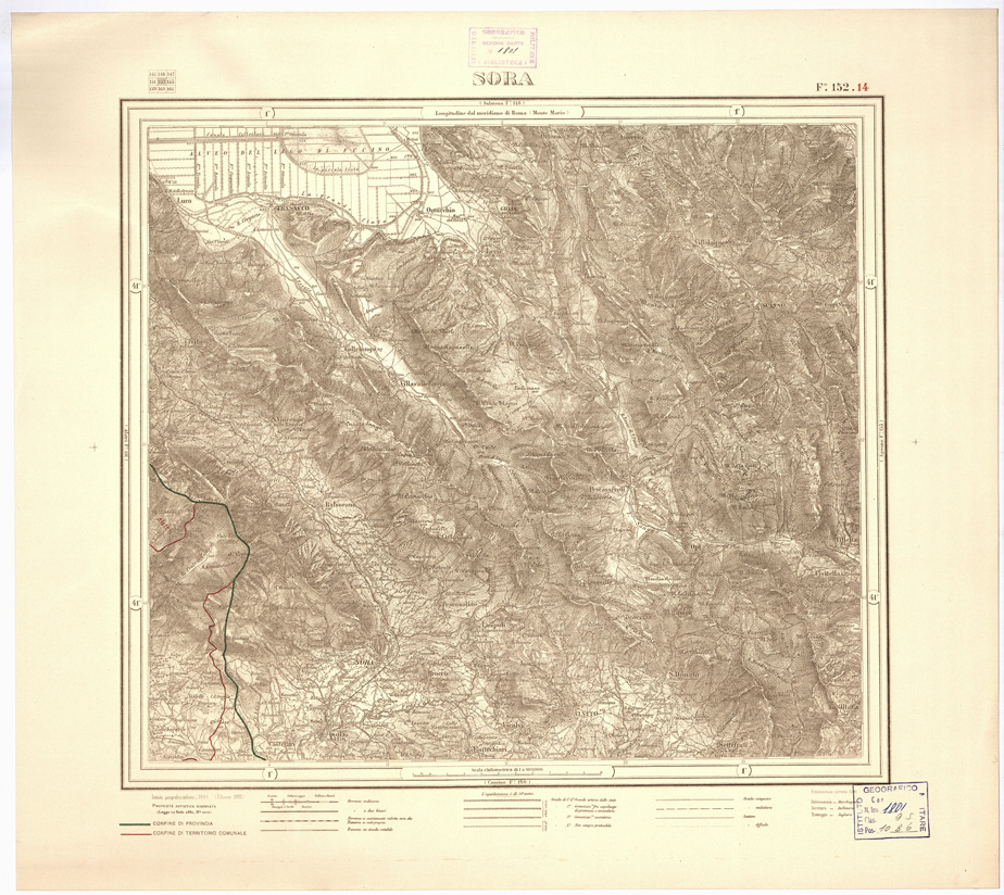 (N:3533) CARTA DELLA PROVINCIA DI ROMA COI CONFINI DEI TERRITORI COMUNALI - Sora - Foglio 152.14 (B0002433) Carte e stampe antiche: riproduzione a colori su carta (formato A2)