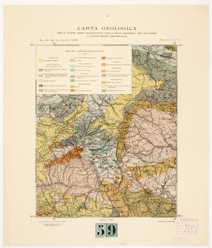 (N:5266) CARTA GEOLOGICA DELLA PARTE Nord OCCIDENTALE DELLA ZONA GNESSICA DEL SAVONESE E DELLE ROCCE CIRCOSTANTI. (B0002764) Carte e stampe antiche: riproduzione a colori su carta (formato A2)