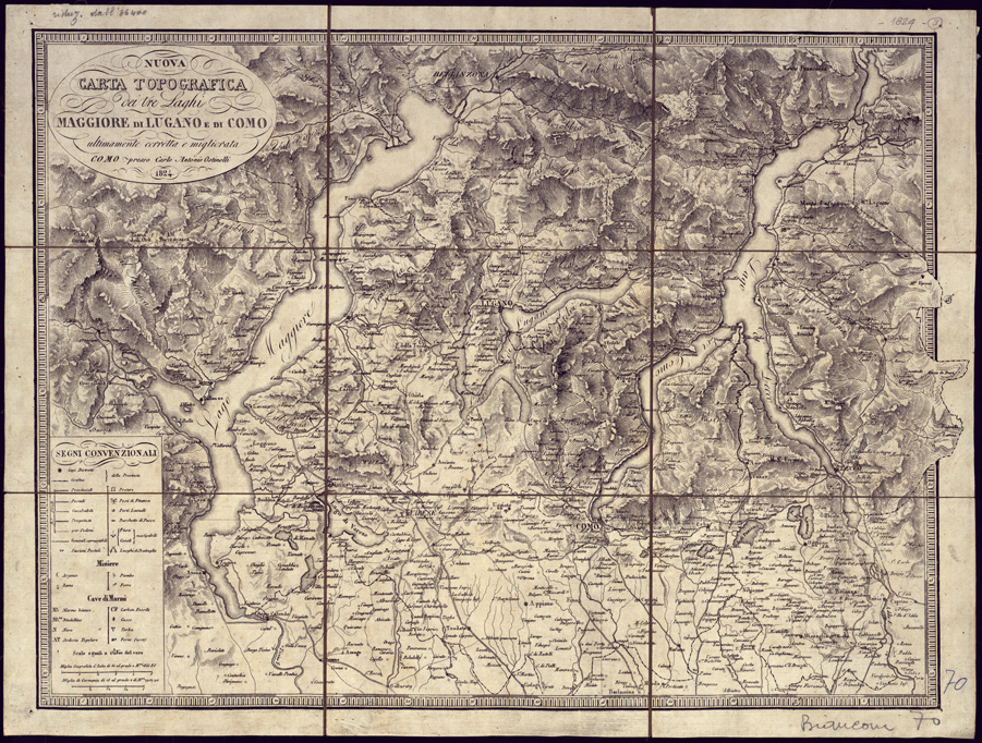 (N:13039) NUOVA CARTA TOPOGRAFICA DEI TRE LAGHI MAGGIORE, DI LUGANO, E DI COMO ULTIMAMENTE CORRETTA E MIGLIORATA. COMO PRESSO CARLO E ANTONIO OSTINELLI. (B0003147) Carte e stampe antiche: riproduzione a colori su carta (formato A2)