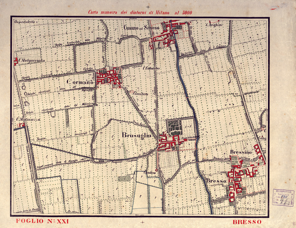 (N:5664) CARTA MANOVRA DEI DINTORNI DI MILANO - Foglio 21 - Bresso (B0003239) Carte e stampe antiche: riproduzione a colori su carta (formato A2)