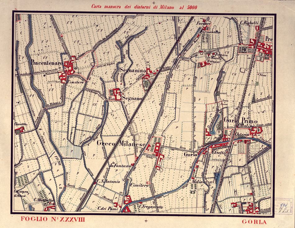 (N:5692) CARTA MANOVRA DEI DINTORNI DI MILANO - Foglio 38 - Gorla (B0003256) Carte e stampe antiche: riproduzione a colori su carta (formato A2)