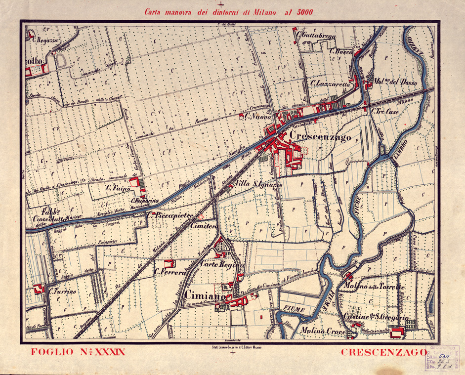 (N:5685) CARTA MANOVRA DEI DINTORNI DI MILANO - Foglio 39 - Crescenzago (B0003257) Carte e stampe antiche: riproduzione a colori su carta (formato A2)