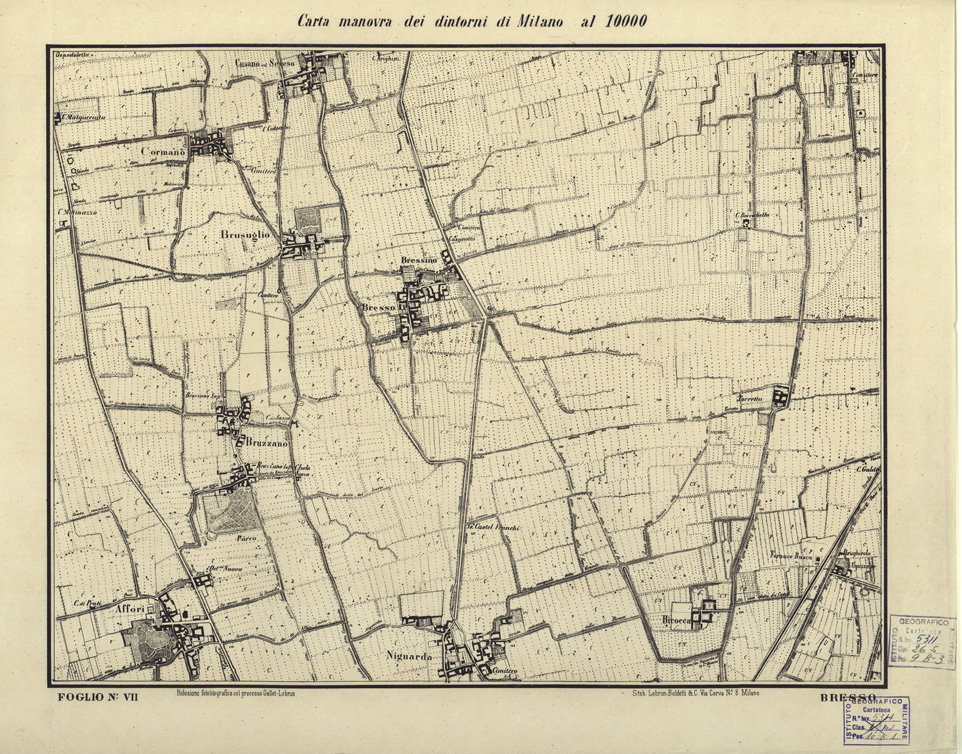 (N:5663) CARTA MANOVRA DEI DINTORNI DI MILANO - Foglio 7 - Bresso (B0003282) Carte e stampe antiche: riproduzione a colori su carta (formato A2)