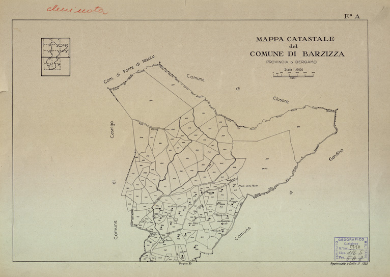 (N:12158) MAPPE CATASTALI D'ITALIA - PROVINCIA DI BERGAMO - Foglio A - COMUNE DI BARZIZZA (B0003454) Carte e stampe antiche: riproduzione a colori su carta (formato A2)