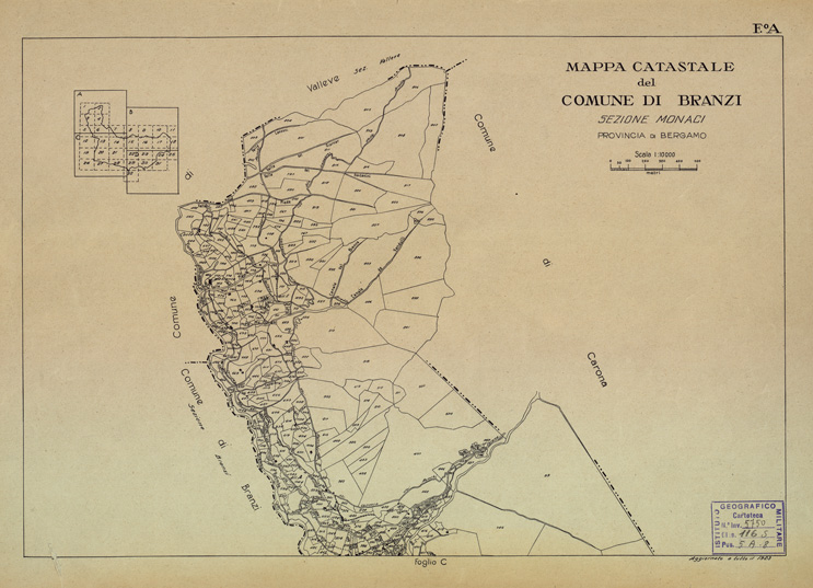 (N:12163) MAPPE CATASTALI D'ITALIA - PROVINCIA DI BERGAMO I- Foglio A - COMUNE DI BRANZI SEZIONE MONACI (B0003459) Carte e stampe antiche: riproduzione a colori su carta (formato A2)