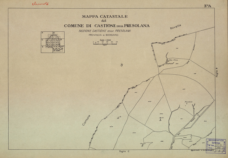 (N:12170) MAPPE CATASTALI D'ITALIA - PROVINCIA DI BERGAMO - Foglio A- COMUNE DI CASTIONE DELLA PRESOLANA-SEZ.CASTIONE DELLA PRESOLANA (B0003466) Carte e stampe antiche: riproduzione a colori su carta (formato A2)