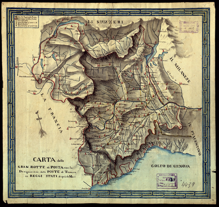 (N:3833) CARTA DELLE GRAN ROTTE DI POSTA CON LA DESIGNAZIONE DELLE POSTE DI TRAVERSA NE REGGI STATI DI QUA DA MARI. (B0004124) Carte e stampe antiche: riproduzione a colori su carta (formato A2)