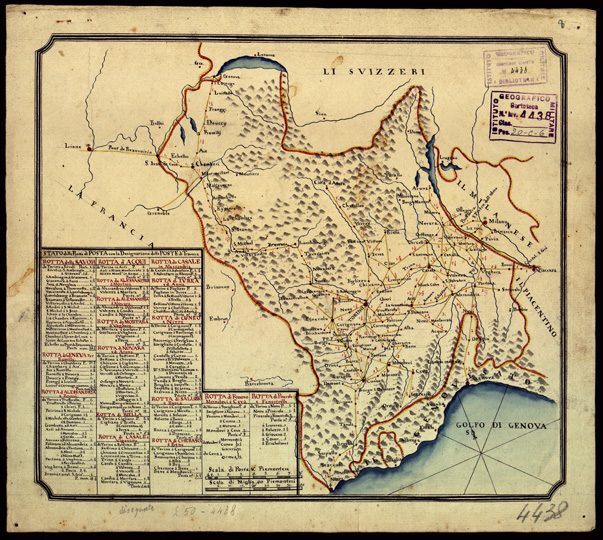 (N:16372) STATO DELLE ROTTE DI POSTA CON LA DESIGNAZIONE DELLE POSTE DI TRAVERSA (B0004125) Carte e stampe antiche: riproduzione a colori su carta (formato A2)