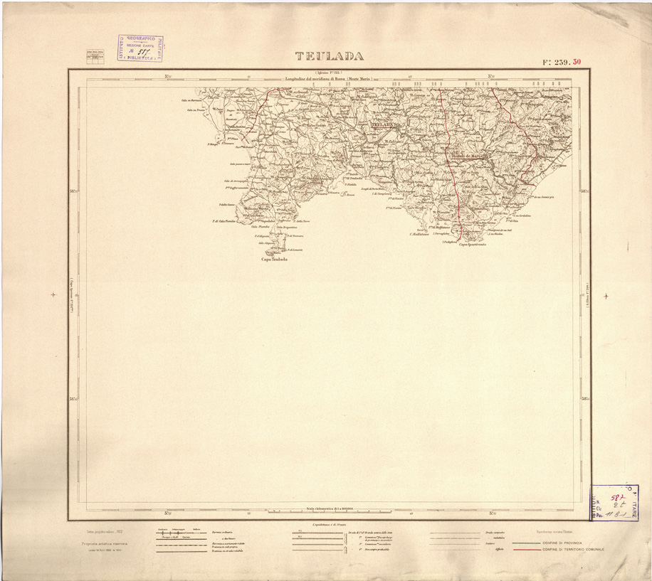 (N:3939) CARTA DELLE PROVINCIE DI CAGLIARI E SASSARI... - Foglio 239.30 - Teulada (B0004782) Carte e stampe antiche: riproduzione a colori su carta (formato A2)