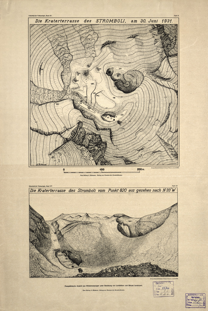 (N:9329) I. DIE KRATERTERRASSE DES STROMBOLI AM 30 JUNI 1931 
II. DIE KRATERTERRASSE DES STROMBOLI VOM PUNKT AUS GESEHEN NACH N 33 W (B0005363) Carte e stampe antiche: riproduzione a colori su carta (formato A2)