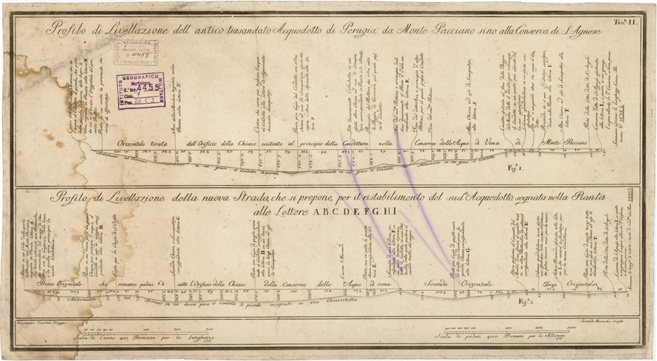 (N:13568) PIANTA DELL'ANDAMENTO DELL'ACQUEDOTTO DI PERUGIA s. d. - Tavola 2 (B0005506) Carte e stampe antiche: riproduzione a colori su carta (formato A2)