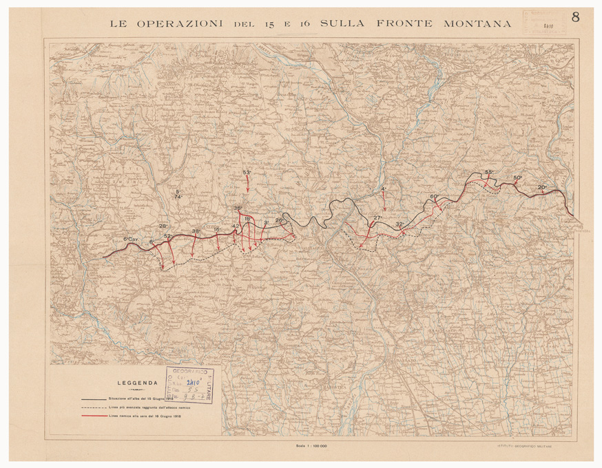 (N:9632) DISLOCAZIONE DELLE FORZE CONTRAPPOSTE SULLA FRONTE DI BATTAGLIA ALL'ALBA  DEL 15 GIUGNO 1918 - Foglio 8 - LE OPERAZIONI DEL 15 E 16 SULLA FRONTE MONTANA
 (B0005649) Carte e stampe antiche: riproduzione a colori su carta (formato A2)