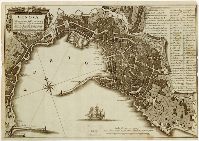 (N:10364) GENOVA - NEL SOLO GIRO DELLE SUE MURA VECCHIE CON LESPOSIZIONE DELLE CHIESE E LUOGHI PRINCIPALI (B0006348) Carte e stampe antiche: riproduzione a colori su carta (formato A2)