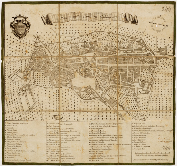 (N:13625) PIANTA DELLA CITTA' DI GUBBIO DOMENICO CO.E PORCELLI DI CARBONARA EUGUBINO DELINEO' 1773 (B0006891) Carte e stampe antiche: riproduzione a colori su carta (formato A2)